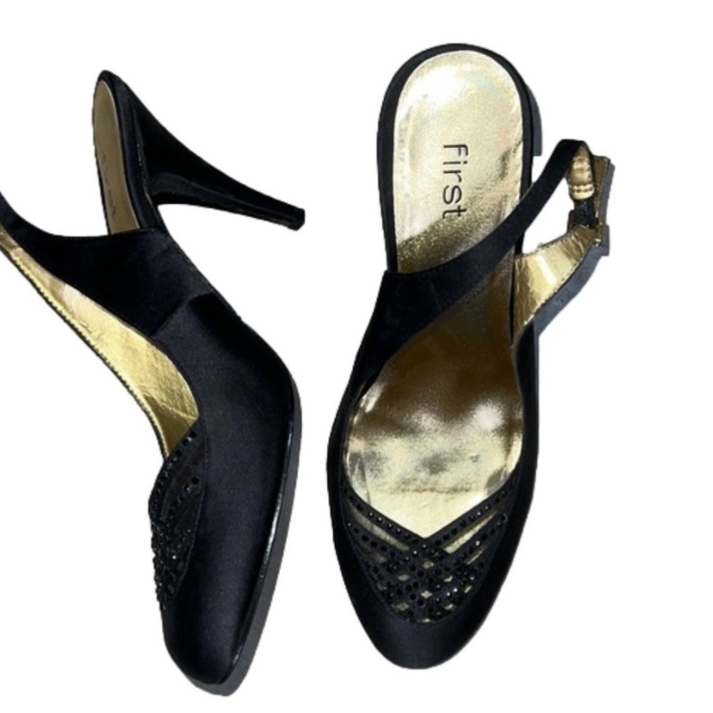 FIRST Satin Leather Heels with Crystal Adjust Strap Buckle Mesh Detail Sz 8